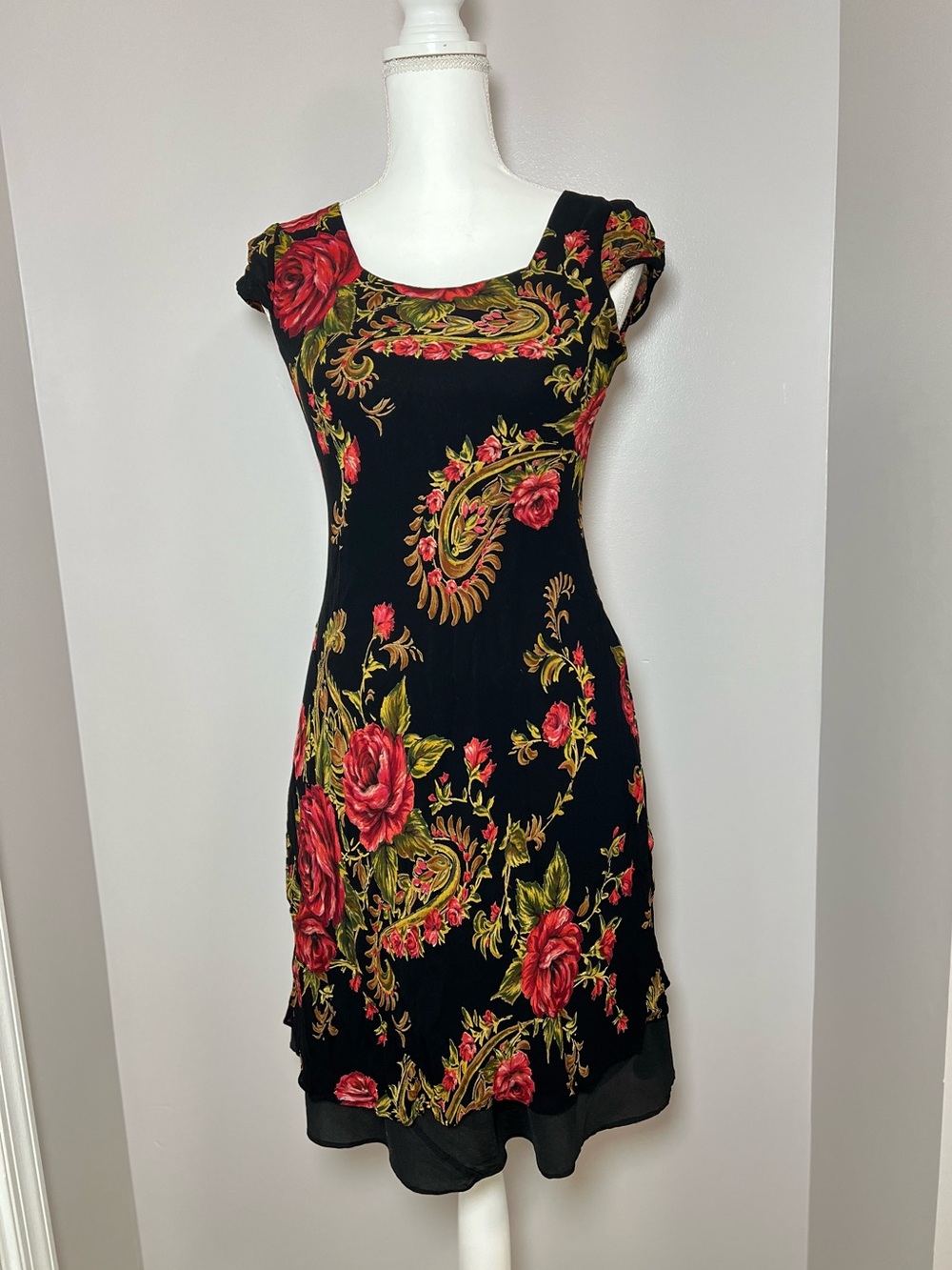 Vintage 90s Babydoll Midi Dress Black Pink Rose Paisley Romantic Dark Boho 🌹🖤